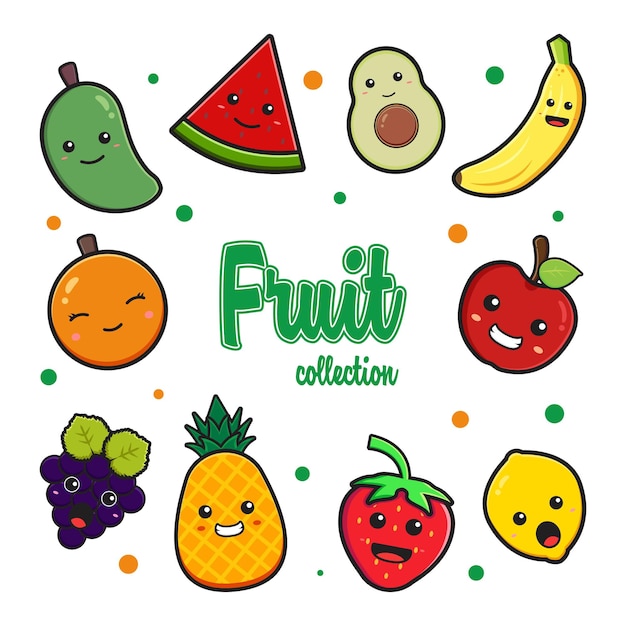 Impostare la raccolta di frutta carina doodle fumetto clip art icona illustrazione design piatto stile cartone animato