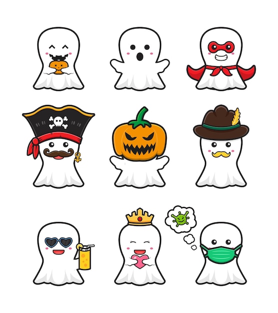 セットコレクションかわいい幽霊ハロウィン漫画アイコンイラスト。孤立したフラット漫画スタイルをデザインする