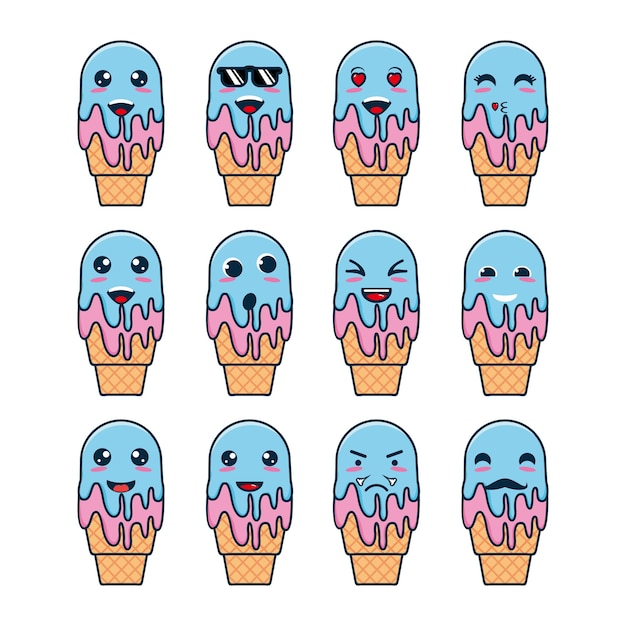 Set collezione di simpatici personaggi di design mascotte gelato isolati su sfondo bianco
