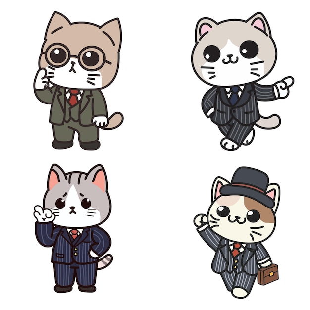 set collection cute kawaii chibi cat formal suit business