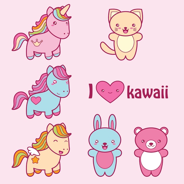 Vector set collection of cute kawaii style animals