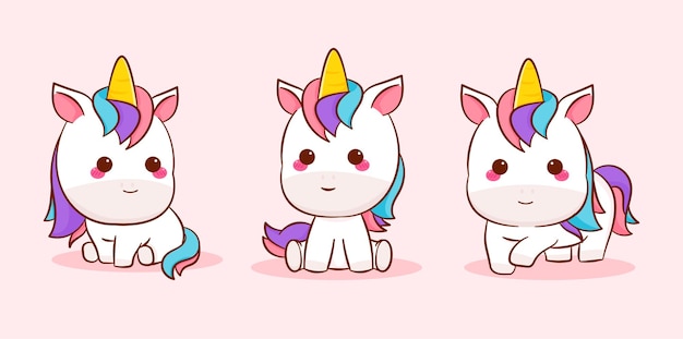 Vector set collection cute unicorn cartoon. kawai animal design character.