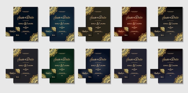 セット コレクション エレガントで豪華なロイヤル カード結婚式招待状メガ バンドル幾何学的な東洋の黄金の要素カラー バリエーション チラシ カードと幾何学的な図解黄金要素のデザイン