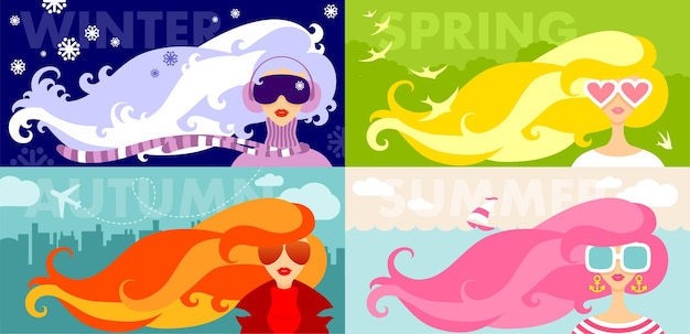 Set Collection of Four Seasons and Woman Portraits Characters with long Hair on Seasonal Background
