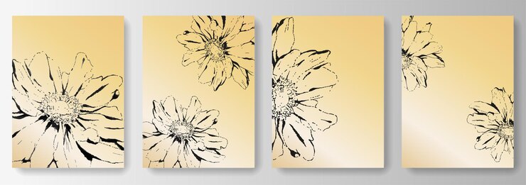 Vector set collection of golden backgrounds with black flowers