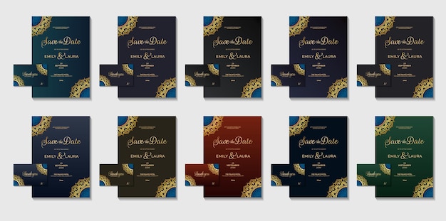 Vector set collection golden geometric luxury royal wedding invitation card design with color variations flyer card vector template