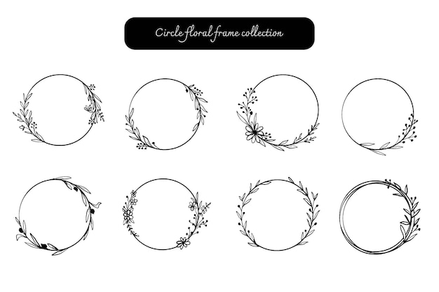 Set of collection hand drawn floral round line art