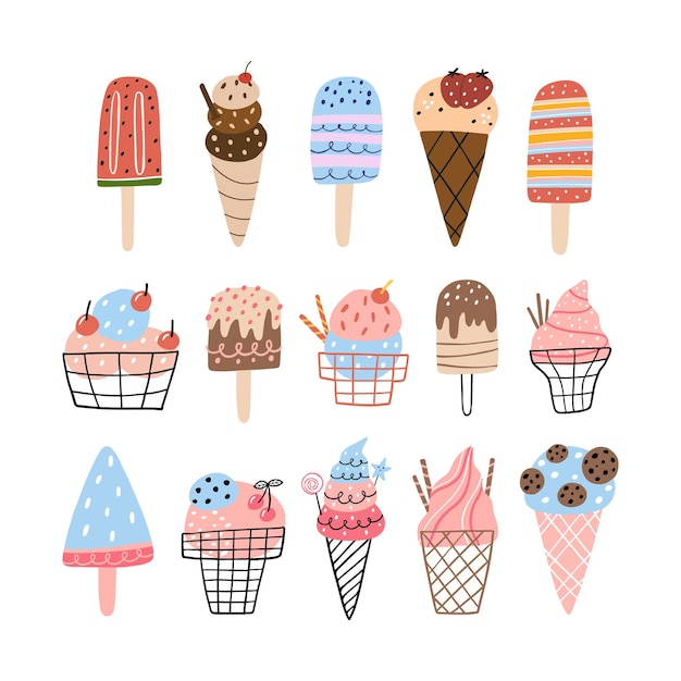 Insieme di set illustrazione vettoriale disegnato a mano del gelato minimalista