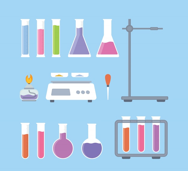 Vettore impostare la raccolta di strumenti scientifici di laboratorio con varie forme