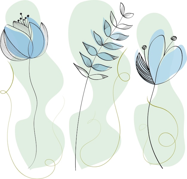 Set of collection of linear minimalistic blue flowers and herbs Botanical vector illustrations