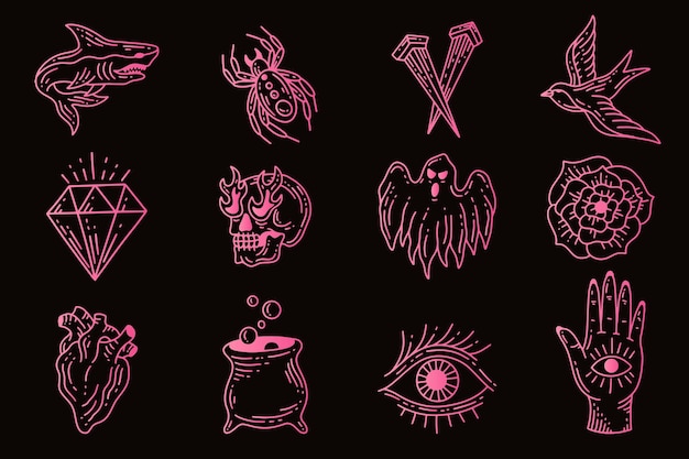 Insieme di set simbolo clipart celeste mistico line art doodle elementi esoterici illustrazione vintage