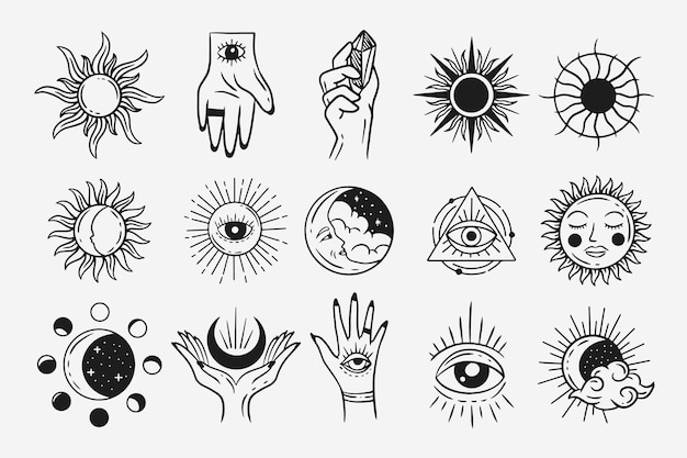 Set collection mystical celestial dark holy simple minimalism tattoo clipart simbolo spazio doodle elementi esoterici illustrazione vintage