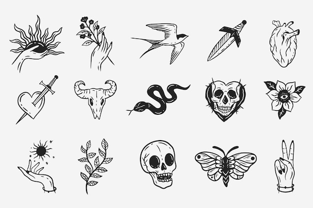 Vector set collection mystical celestial dark holy simple minimalism tattoo clipart symbol space doodle esoteric elements vintage illustration