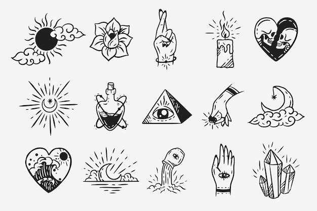 Set collection mystical celestial dark holy simple minimalism tattoo clipart simbolo spazio doodle elementi esoterici illustrazione vintage