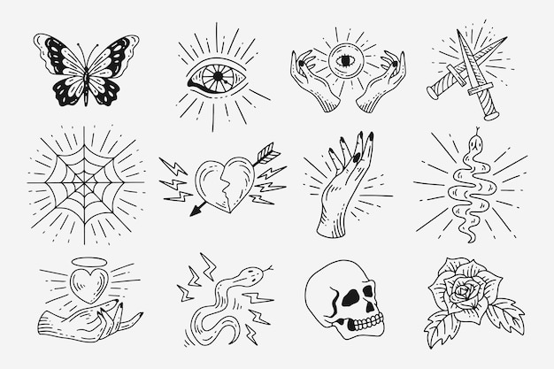 Set Collection Mystical Celestial Dark Holy Simple Minimalism Tattoo Clipart Symbol space doodle Esoteric elements vintage illustration