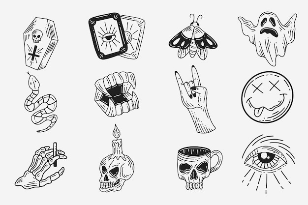 Vector set collection mystical celestial dark holy simple minimalism tattoo clipart symbol space doodle esoteric elements vintage illustration