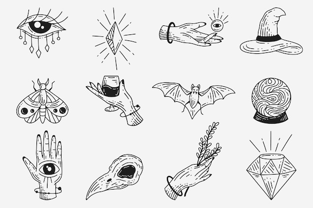 Vettore set collection mystical celestial dark holy simple minimalism tattoo clipart simbolo spazio doodle elementi esoterici illustrazione vintage