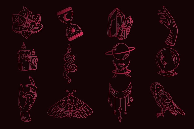 Set collection mystical celestial simple minimalism tattoo clipart symbol space doodle esoteric elements vintage illustration