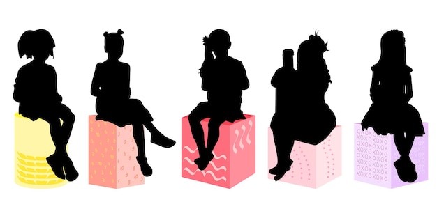 Set collection of outline silhouettes of girls sitting on ottomans Flat isometric style