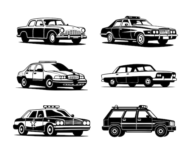 A set collection of police car silhouette illustrations