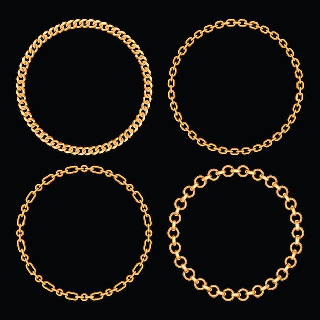 Set collection of round frames made with golden chains. On black. Vector illustration.