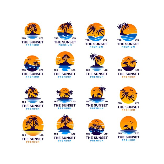 Set di raccolta illustrazione del design del logo della spiaggia al tramonto