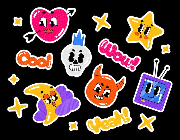 Set collection of trendy flat bright stickers Cartoon characters in retro style