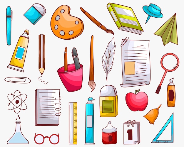 Set of collection vector flat color doodle school tools illustration