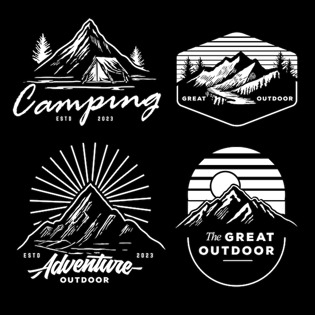 Imposta la raccolta di badge avventura vintage logo emblema campeggio con disegno di illustrazione di montagna