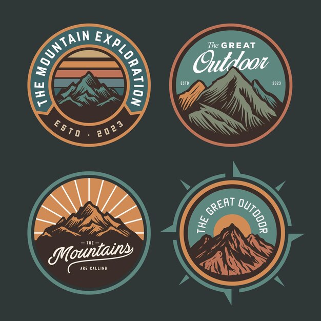 Vector set collection of vintage adventure badge camping emblem logo with mountain illustration design