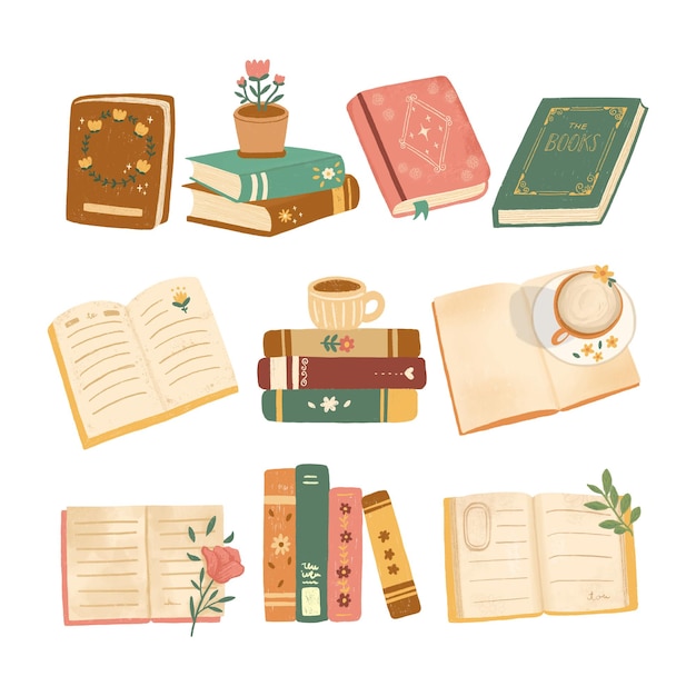 Set Collection Vintage Book Decoration Brush Watercolor Illustration vector