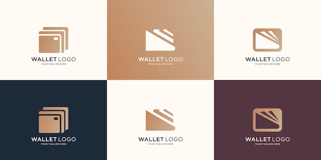 コレクションウォレットのロゴデザインのインスピレーションのセット。モダンなロゴ、デジタルウォレット、ゴールドカラーテンプレート。