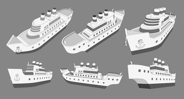 Набор, сборник с круизными 3D моделями большого корабля с тремя трубами.