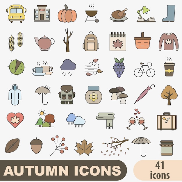 Set of color autumn icons with outline Autumn bright icons Autumn time Set of autumn icons