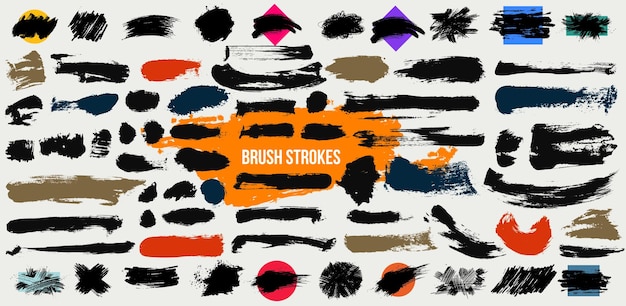 Vector set of color and black paint ink brush strokes brushes lines grungy dirty artistic design elements