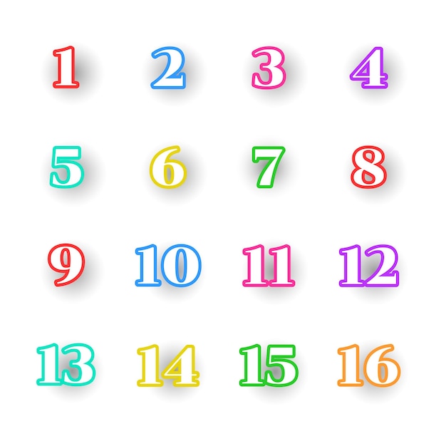 Vettore impostare il punto di raccolta del colore da 0 a 15 numeri colorati icona etichetta segno marchio tag banner nastro isolato