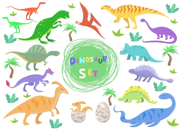 Set di dinosauri di colore in stile cartone animato. illustrazione isolati su sfondo bianco.