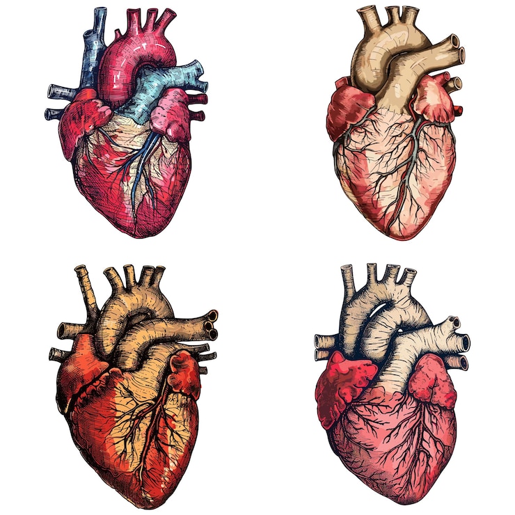 Vector set of color engraving raster illustration human heart isolated on white background