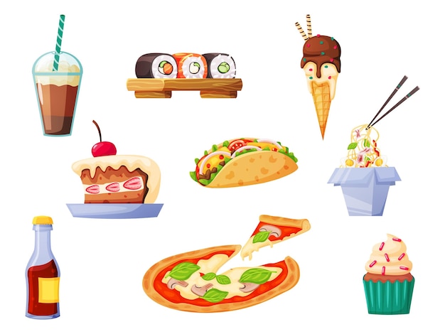 Vector set of color fast food in cartoon style sweet and salty food and drinks, junk food.