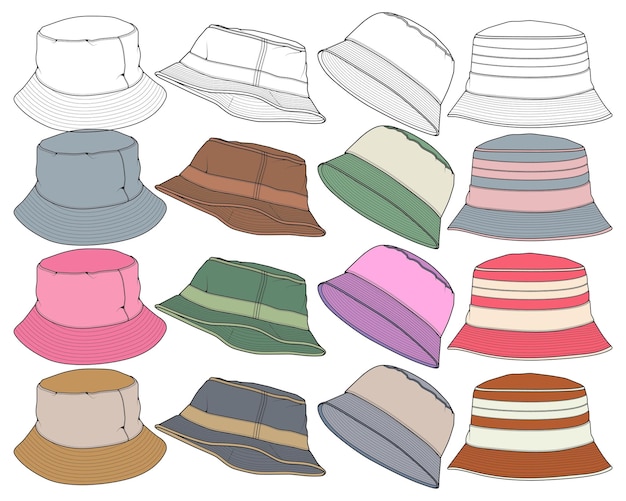 set of color full bucket hat drawing vector color full bucket hat in a sketch style template color full for training vector Illustration