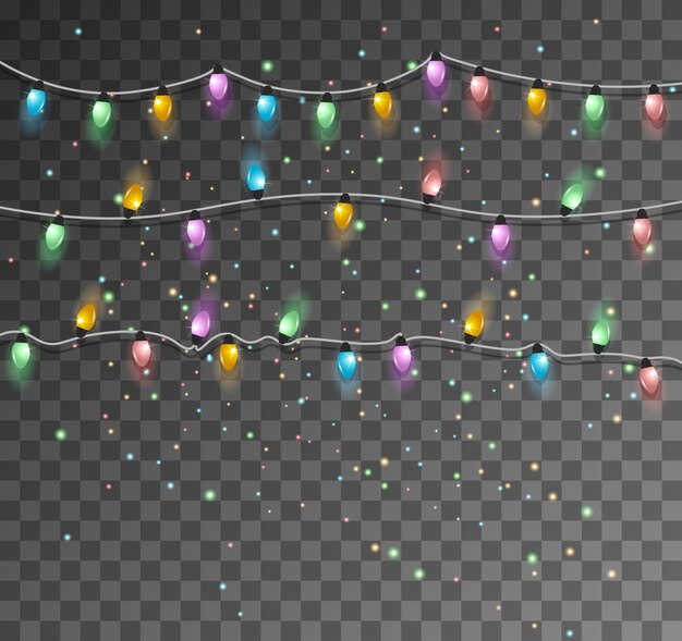 Set of color garlands, festive decorations. glowing lights for xmas.