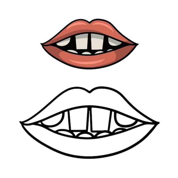 Set of color image with sketch image coloring book cartoon pink lips with white square big teeth vector