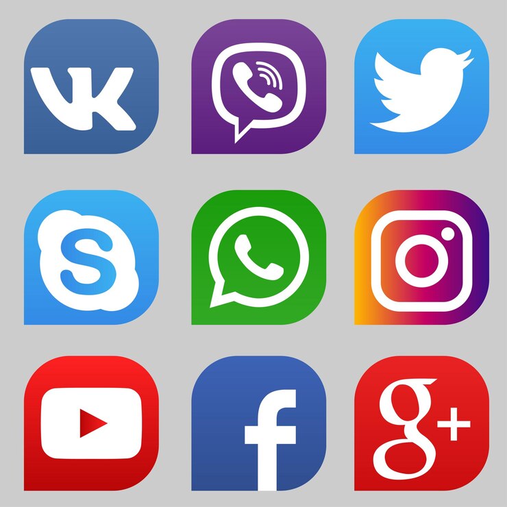 Vector 色の人気のあるソーシャル メディア アイコン youtube instagram twitter facebook whatsapp google スカイプ バイバーと vk のセット
