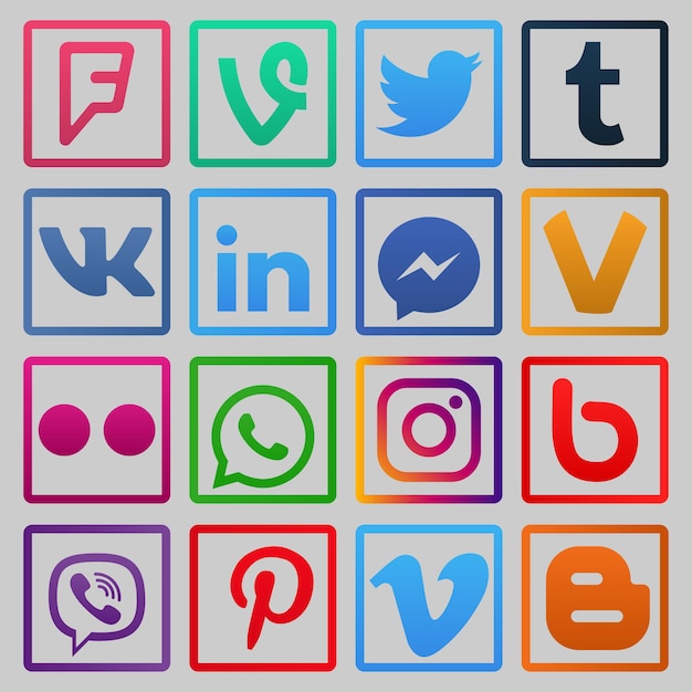 Vector set of color popular social media icons youtube instagram twitter facebook whatsapp pinterest
