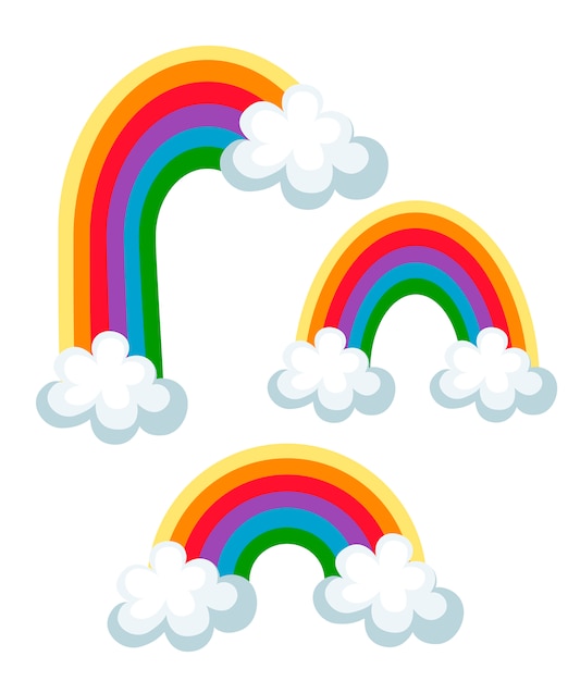 Set di arcobaleni di colore con nuvole. tre diversi arcobaleno. illustrazione su sfondo bianco