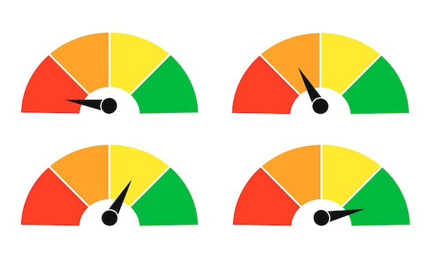 Vector set of color vector tachometers flowmeter with indicator in green orange and red part speedometer