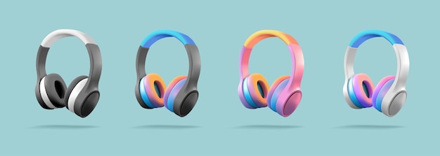 Vector set of colored 3d headphones modern wireless portable gadget for listening to music and audiobooks