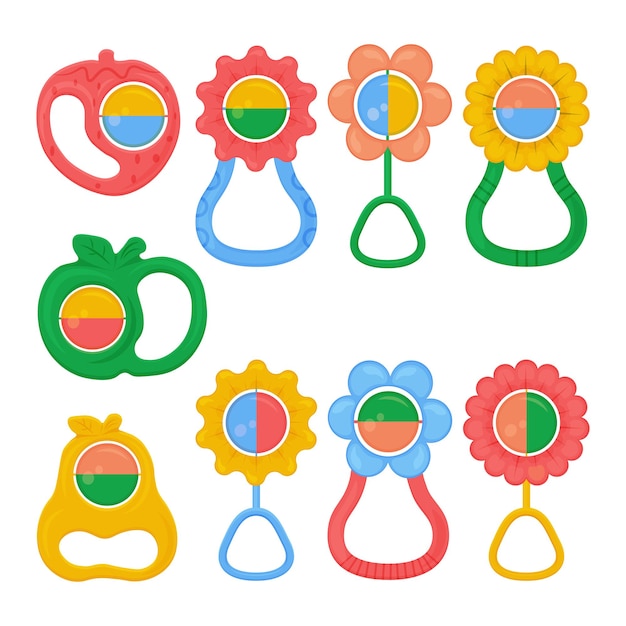 Vector a set of colored baby rattles of various shapes. a large collection of teether rattles . children s accessories vector illustration.