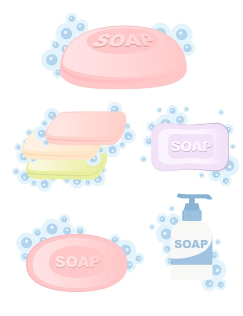 Set of colored bar soap solid and liquid soap with bubbles flat vector illustration isolated on white background