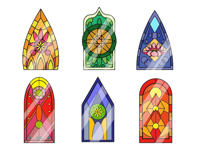 Vector set of colored beautiful stained glass windows in cartoon style vector illustration of gothic stained glass windows with different designs decorative transparent glass church stainedglass windows